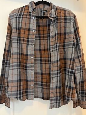 Expressed Plaid Flannel Button Down Shirt in Burnt Orange, Camel, and Gray